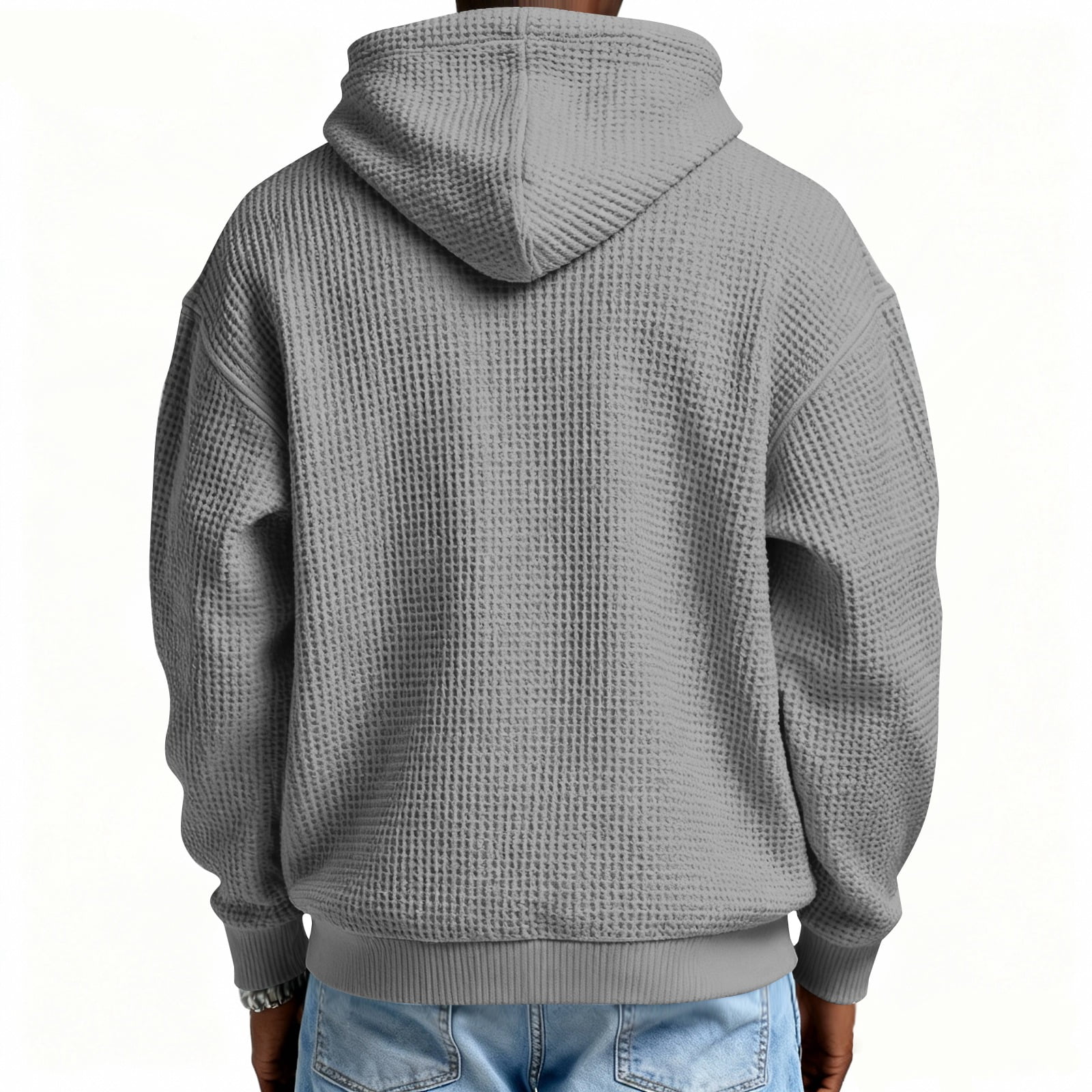 Men's Casual Solid Color Waffle Zipper Long Sleeve Hooded Sweatshirt Gray 4XL