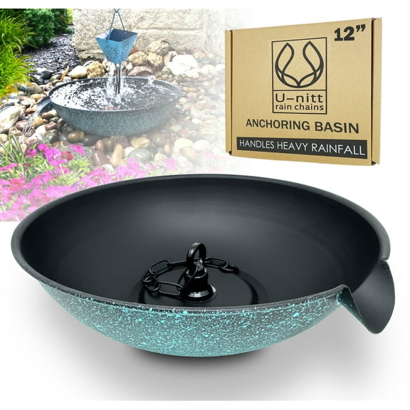 U-nitt 12" Anchoring Basin/Bowl/Dish for Gutter Rain Chain, Spill Bowl for Fountain, with Scupper, Birdbath Alternative, with Attachment Chain, Black Powder Coated with Patina, 972PA