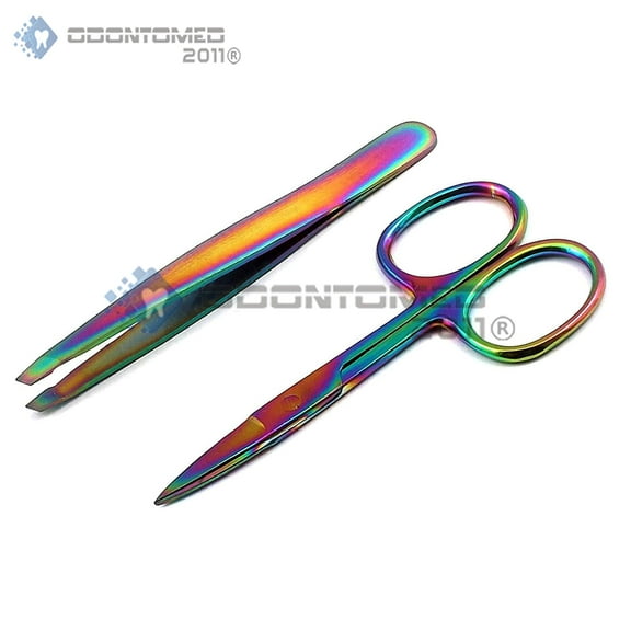 OdontoMed2011 2 PCS Eyebrow Scissor Straight TWEEZER Slant TIP Facial Hair Remover Rainbow Stainless Steel Makeup Tool Multi Color