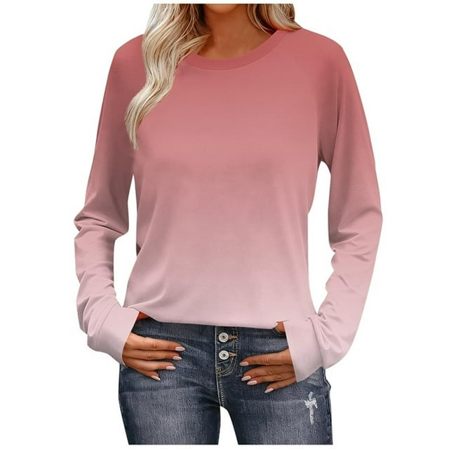 Ltctricy T-Shirts à Manches Longues pour Femmes, Mode Printemps Automne, Col Rond, Dégradé, Tendance, Hauts Tee Décontractés Amples, Tuniques, Blouses (Rose, Très Grand)