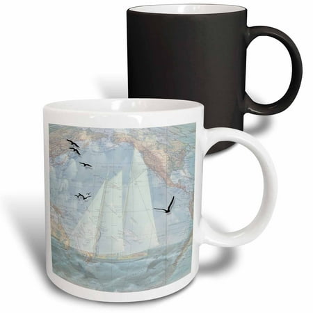 

3dRose Vintage map and sailing ship with the ocean seabirds and dolphins. Very masculine. Magic Transforming Mug 11oz