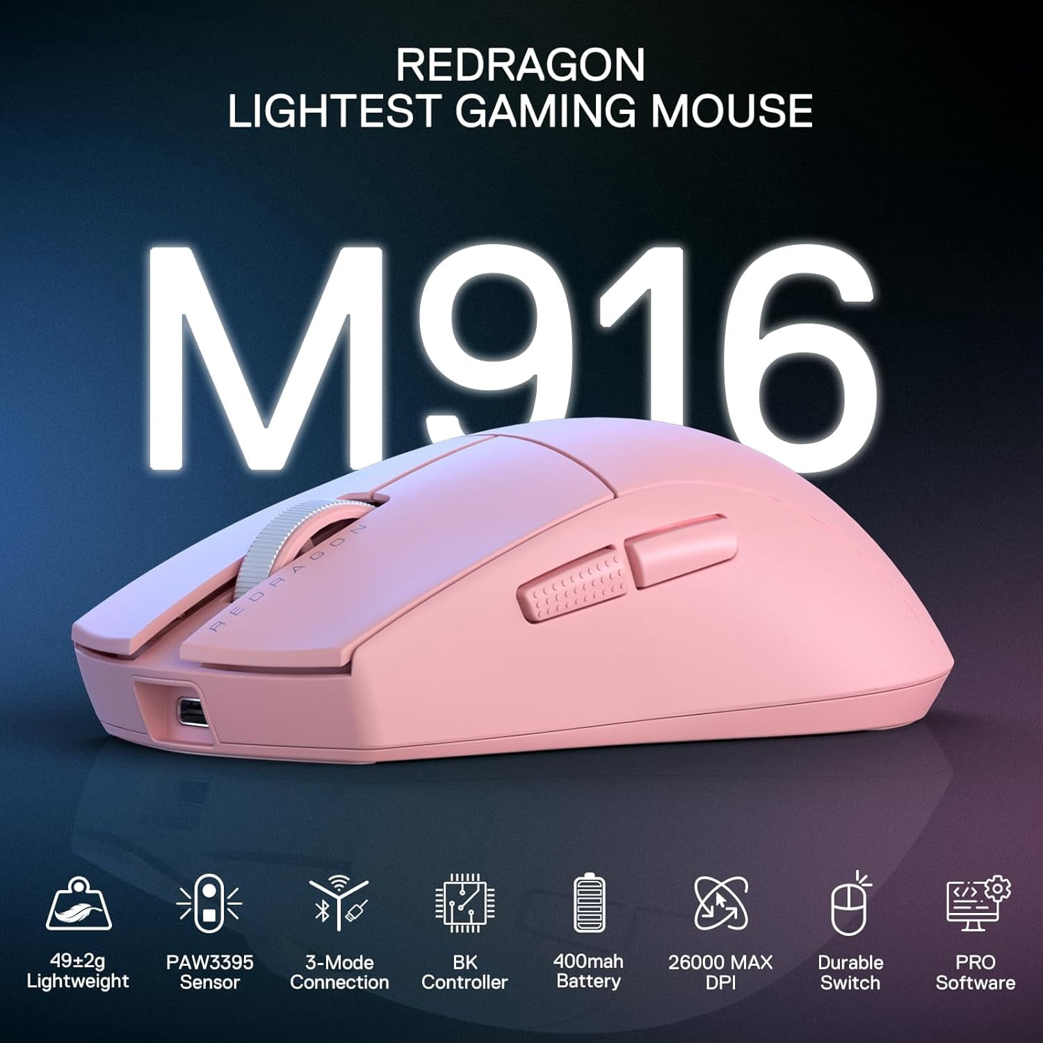 Redragon M916 PRO 3-Mode Wireless Gaming Mouse, 49G Ultra-Light 26K DPI Gamer Mouse w/Ergonomic Natural Grip Build, Full Programmable Buttons, Software Supports DIY Keybinds & DPI (1K Hz, Pink)
