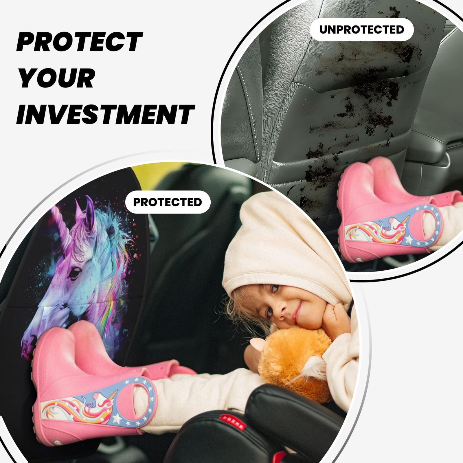 Xecao Rainbow Spotted White Horse Pattern Car Seat Back Protector 2 Pack Large Capacity Pocket, Kick Mats Back Seat Protector