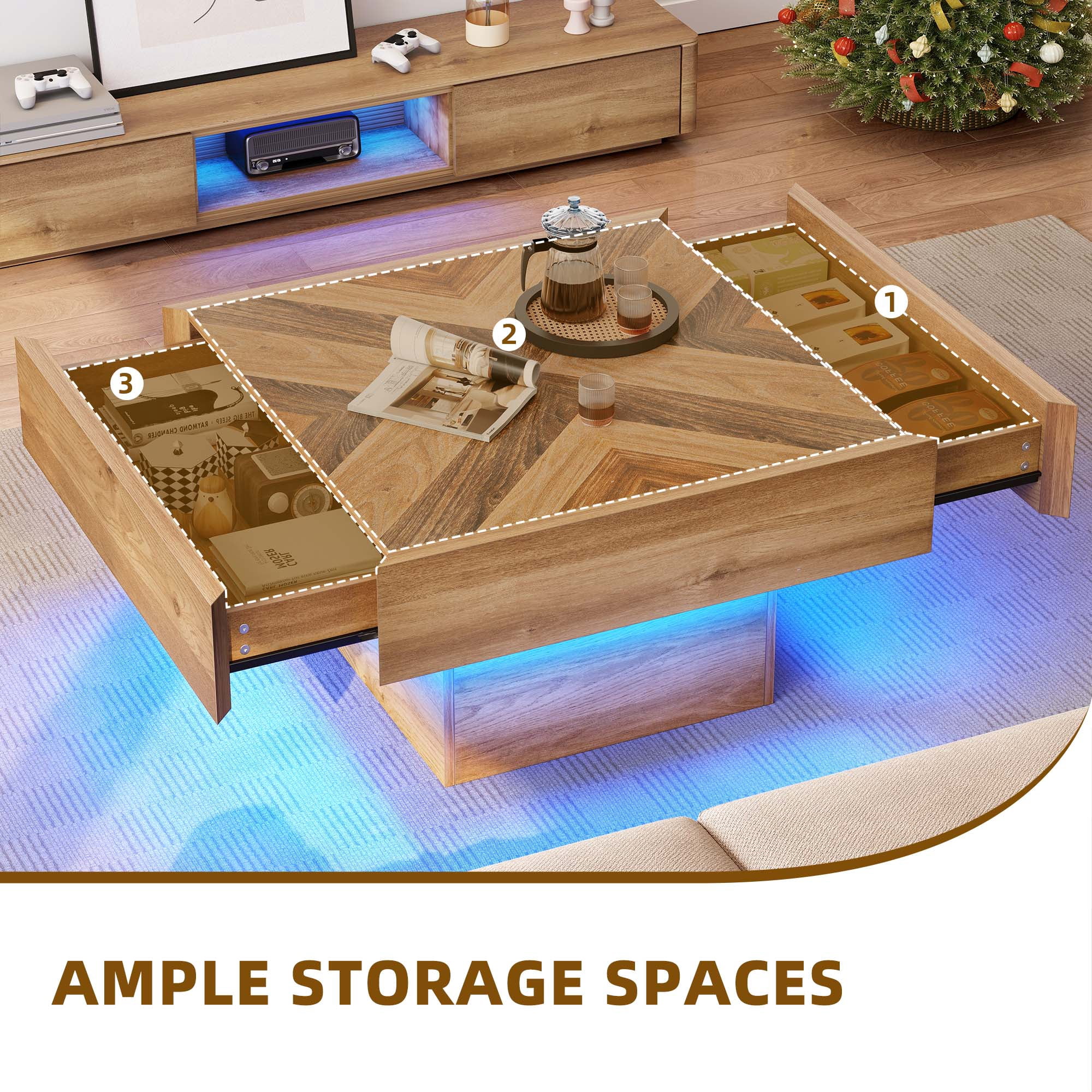 Uforic Square Center Table with Drawers, Coffee Table with LED Lights for Living Room, Brown