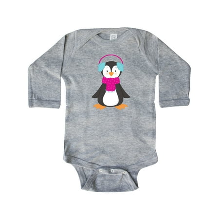 

Inktastic Cute Penguin Penguin With Ear Warmers Scarf Gift Baby Boy or Baby Girl Long Sleeve Bodysuit