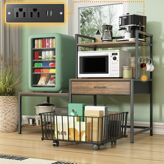 ModFurne Mini Fridge Stand with Storage, Mini Refrigerator Stand with Power Outlet, Wine Fridge Table with Movable Storage Basket for Dorm Home Use (Brown)