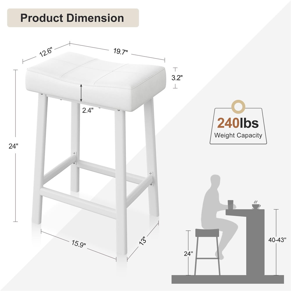 Bar Stools, Set of 2 Bar Chairs with PU Upholstered Saddle Seats, Kitchen Stools, 24" Modern Backless Counter Height Stool for Kitchen Island Bar