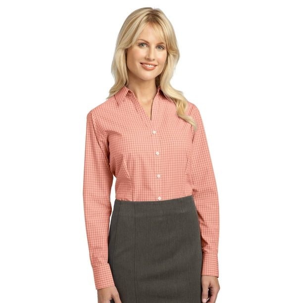 Port Authority Ladies Plaid Pattern Easy Care Shirt 3XL Naranja Autoridad Portuaria L639