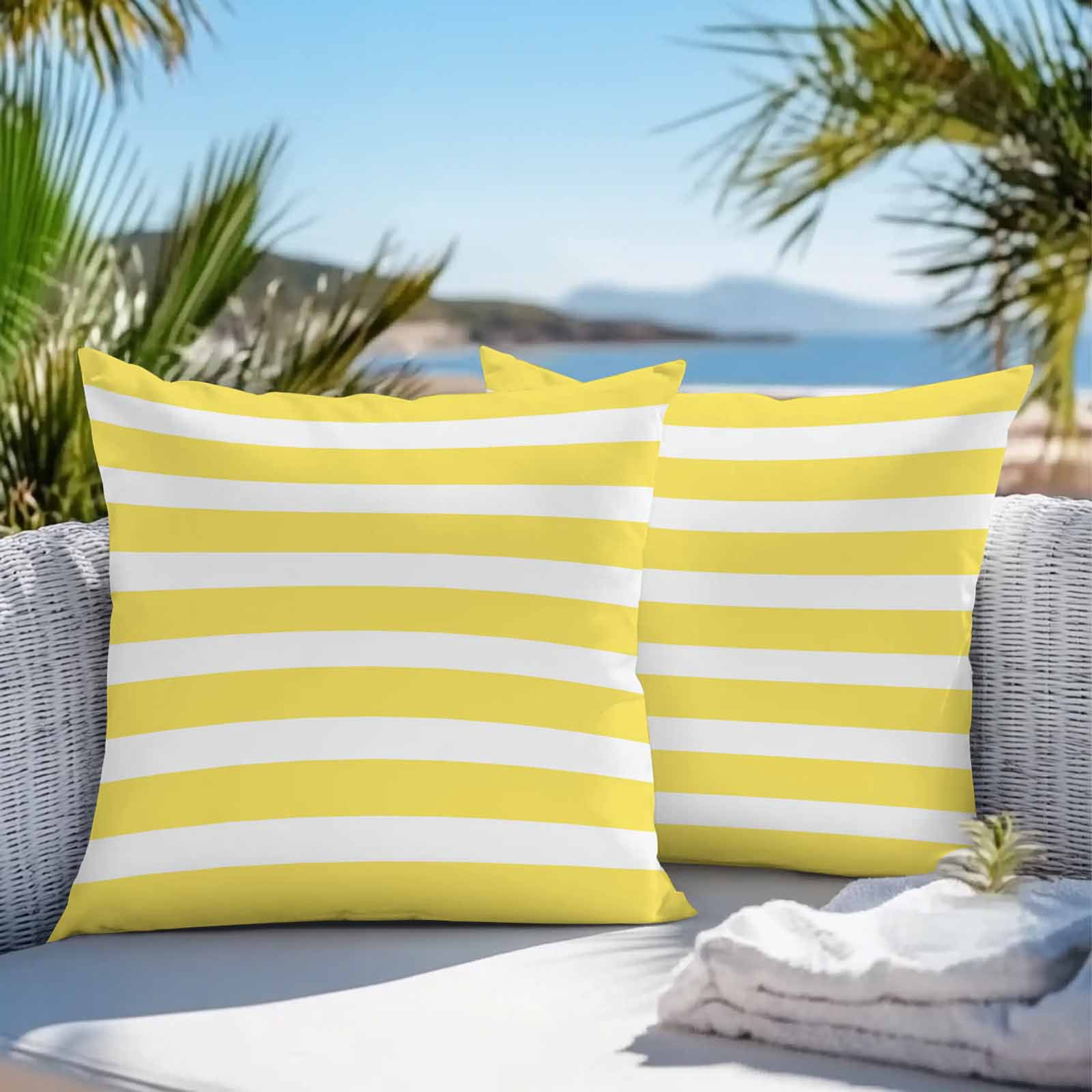 White Yellow Striped Outdoor Pillow Covers Set of 2 Simple Stripes Background Waterproof Throw Pillow Case Decorative Square Cushion Cover for Patio Couch Garden Balcony, 18"x18"