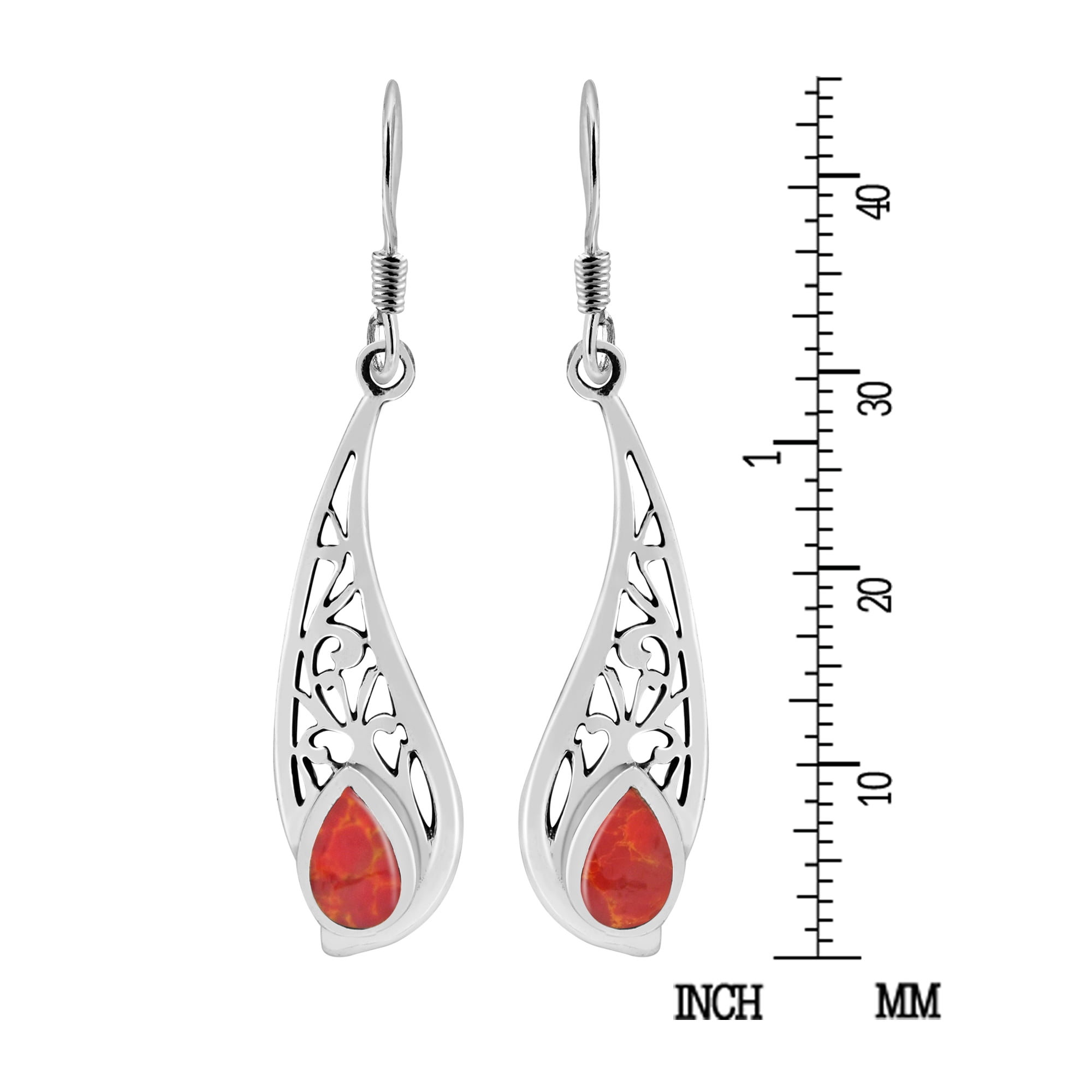Stylized Filigree Teardrops Red Coral Inlay Sterling Silver Dangle Earrings