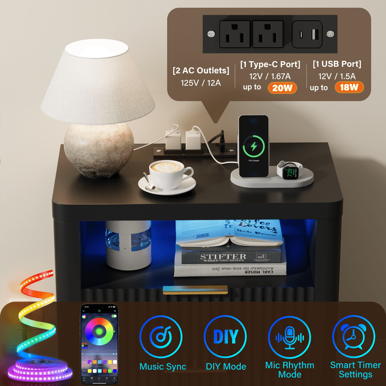 Homall Nightstand with Charging Station & LED Lights, Heavy-Duty Modern End Table with 2 Drawers, Bedside Table for Bedroom, Living Room, Black