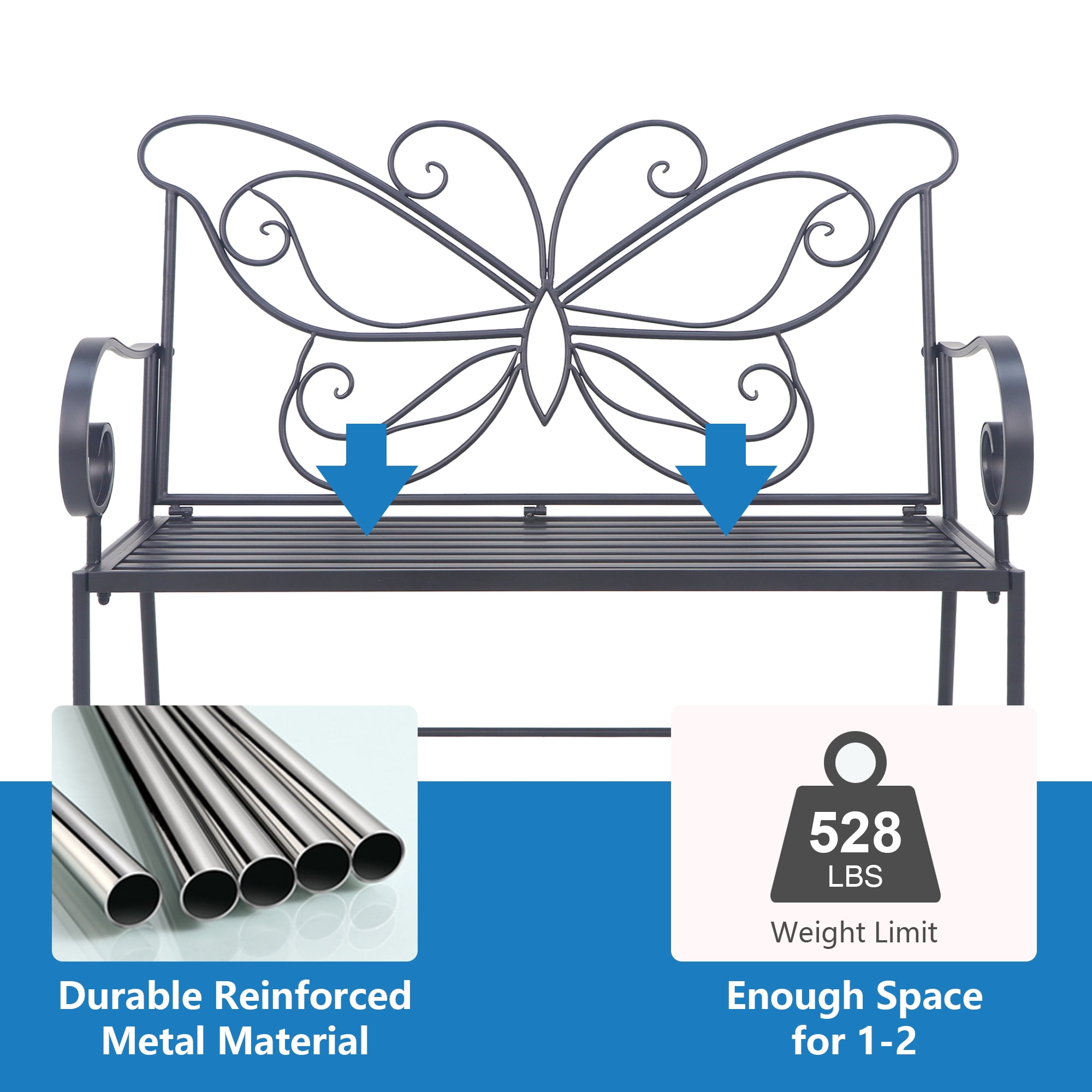 Abble 42" Outdoor Bench Metal Butterfly Design Patio Garden Bench for Porch Yard Lawn Patio Bench, Black