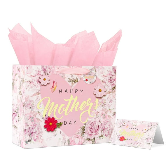 Hehanda 13-inch Mother’s Day Gift Bag Set with Card & Tissue, for Moms, Grandmas, Nanas - Floral & Gold Foil ‘Happy Mother’s Day’ (1 Pack)