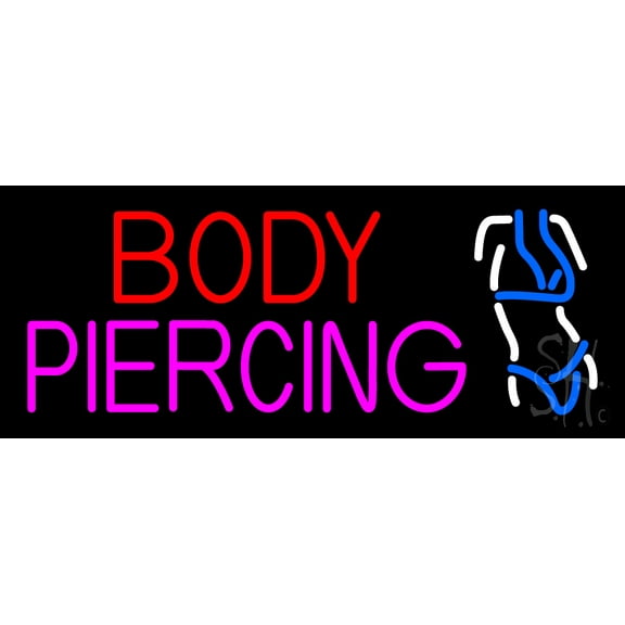 Body Piercing Logo LED Neon Sign 10" Tall x 24" Wide - inches Black Square Cut Acrylic Backing, with Dimmer - Premium built indoor Sign for Storefront, Store interior, Studio.
