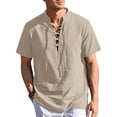thumbnail image 2 of Camisa de manga corta de algodón y lino para hombre - Cuello alto Henry, estilo playero/medieval, tallas S-XL, tejido de lino, 2 of 5