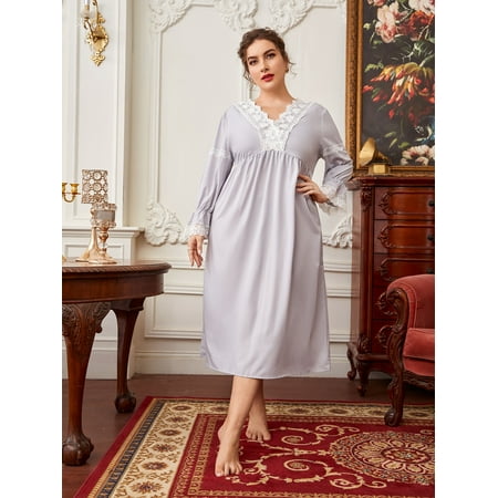 

Grey Royal Women s Plus Contrast Lace Flounce Sleeve Sleep Dress 1XL(14) Y22001D