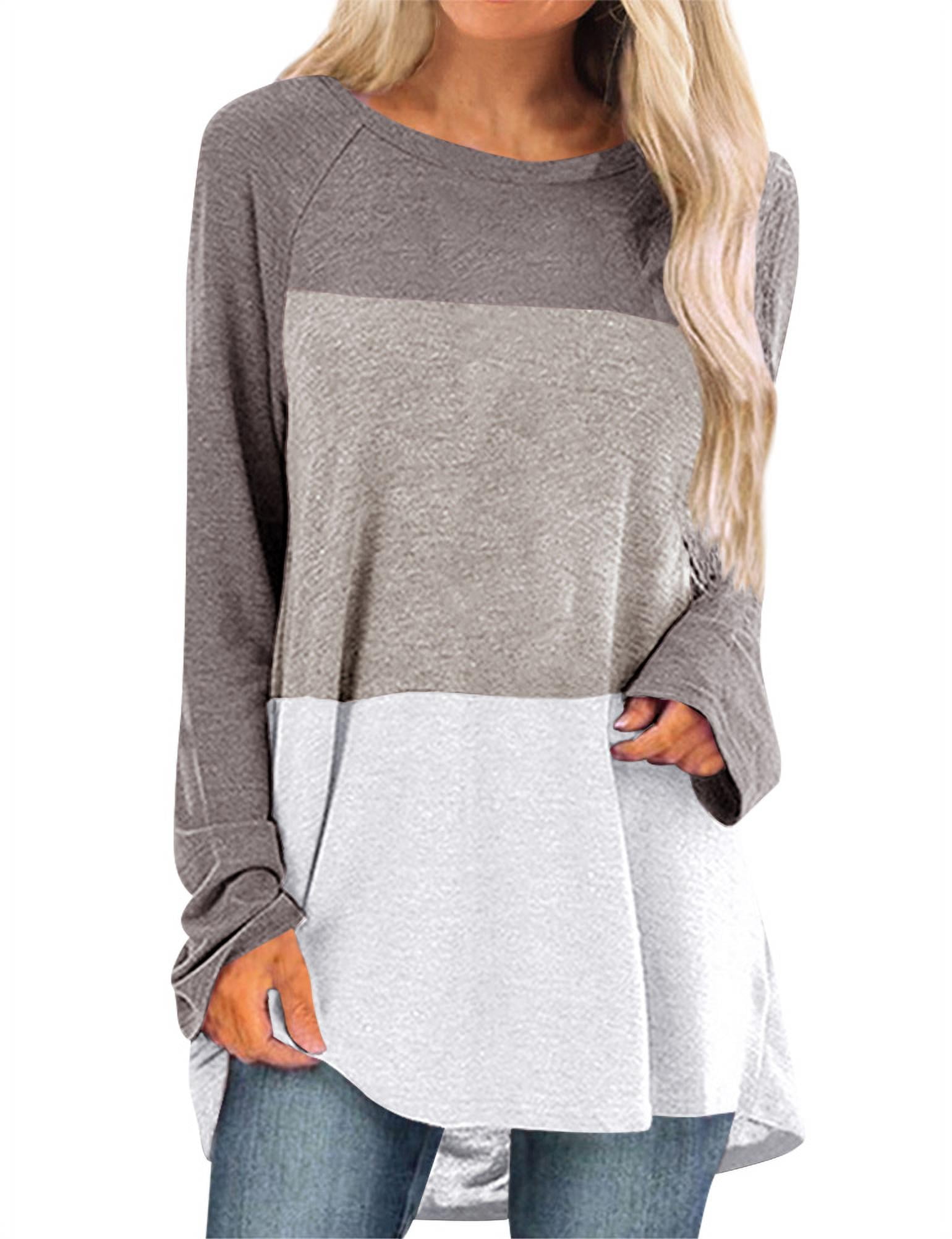 Women Colorblock Crew Neck Long Sleeve Scoop Hem Top - Walmart.com