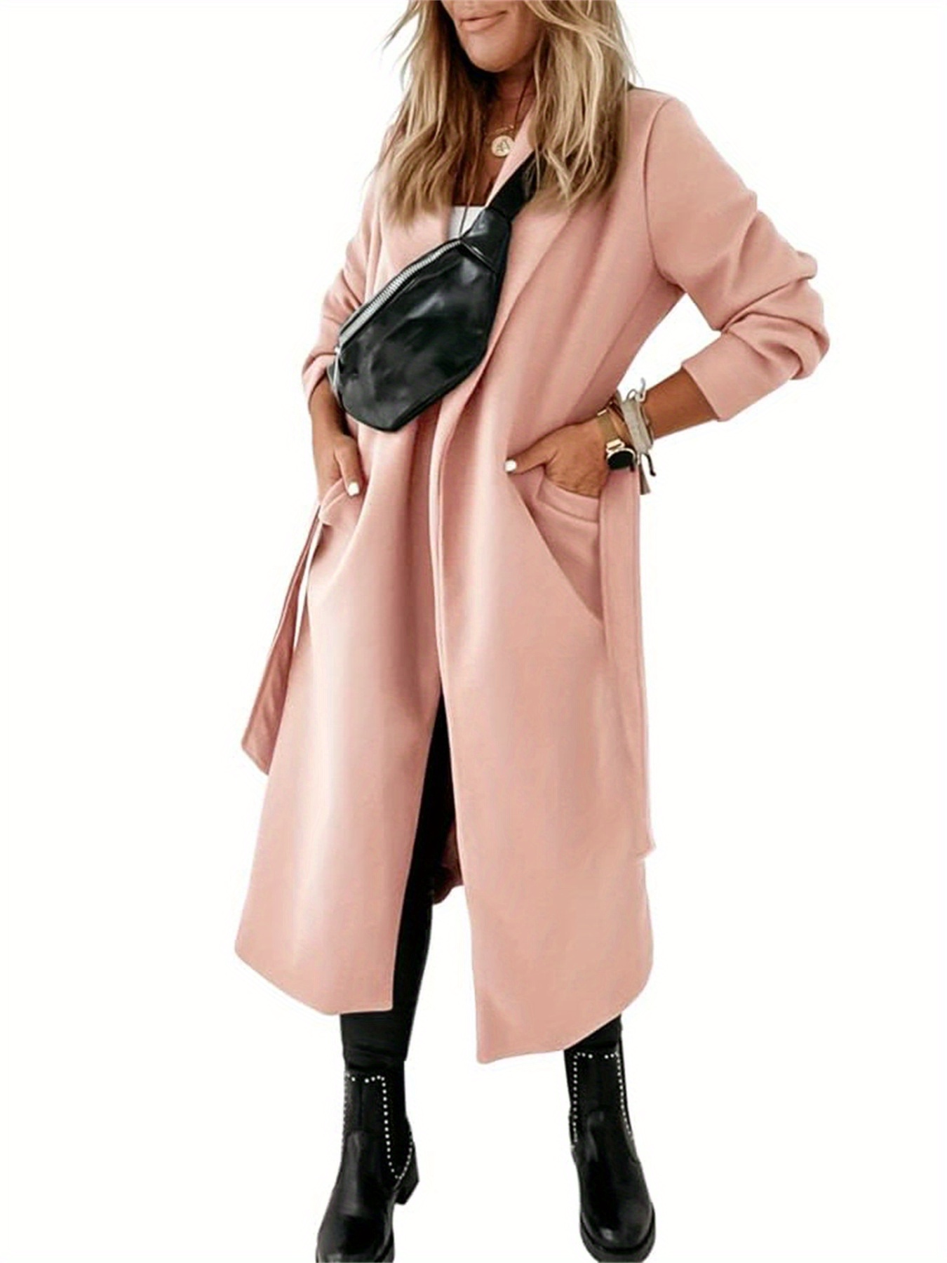 Autumn Winter Womens Classic Coat Lapel Collar Open Front Belted
