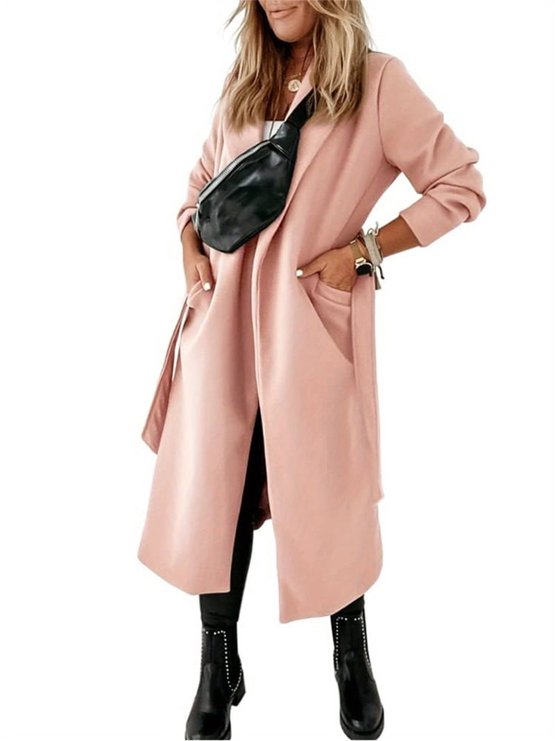 Autumn Winter Womens Classic Coat Lapel Collar Open Front Belted