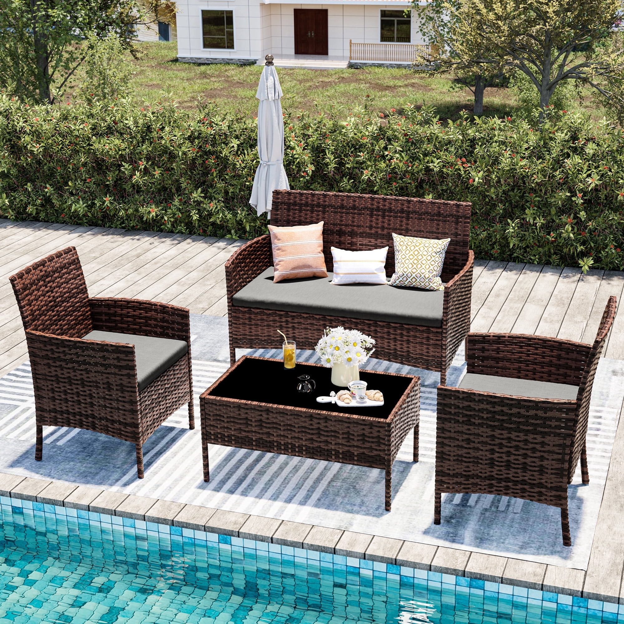 UDPATIO 4 Pieces Patio Furniture Sets,Outdoor Conversation Sets,Brown PE Rattan Patio Chairs with Table and Loveseat for Balcony, Porch, Backyard（Gray Cushion）