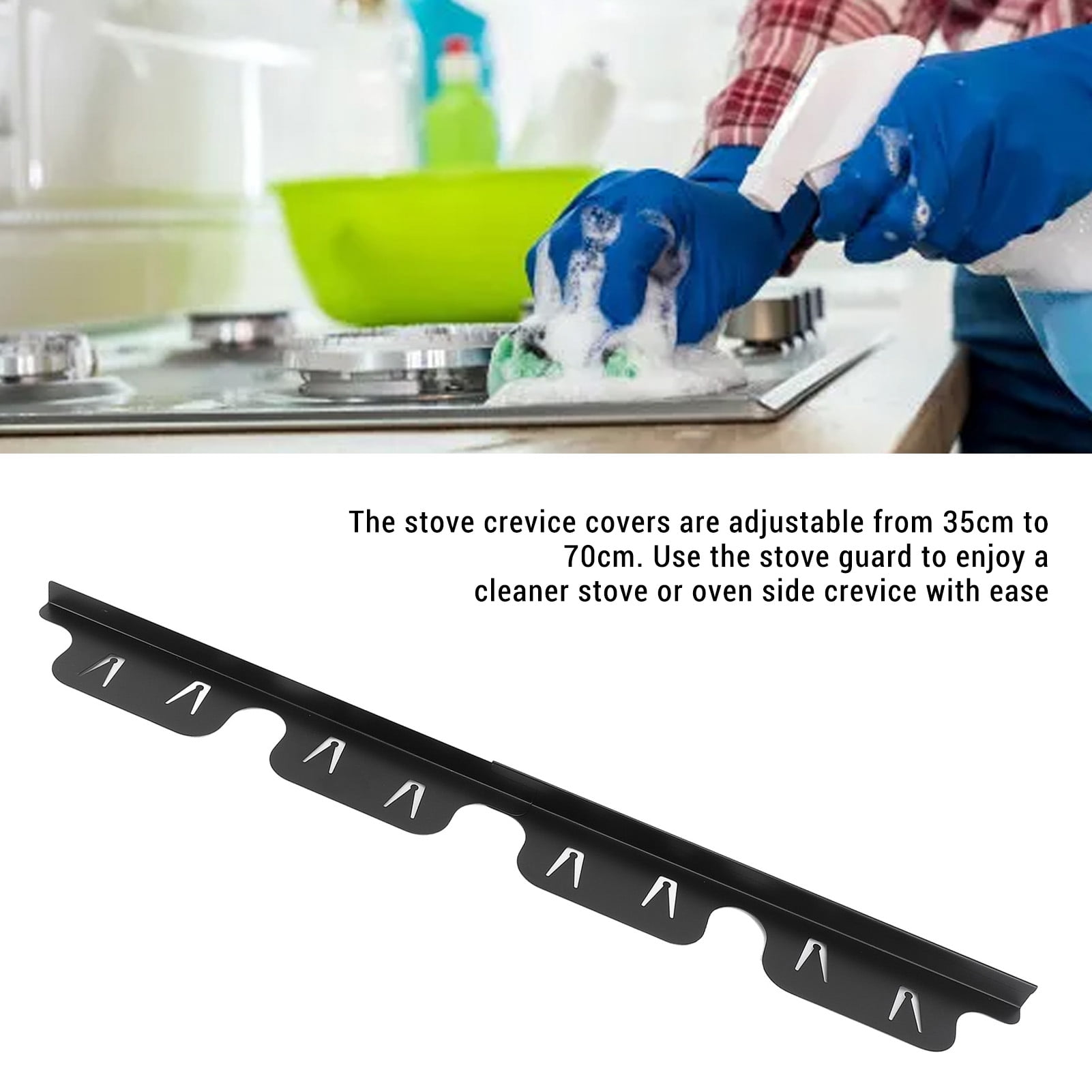 YAHHU 4-Piece Adjustable Stainless Steel Stove Crevice Cover Set, Black Filler Guard for Kitchen Counter Gap, Expands 13.8 to 27.6 Inches, Easy Clean Universal Fit Range Side Strips