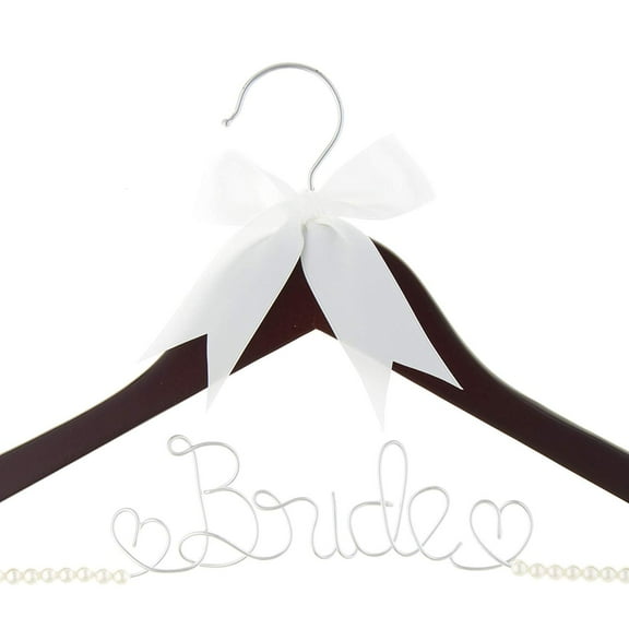 Ella Celebration Bride to Be Wedding Dress Hanger Wooden and Wire, Accented with Pearls and A Bow Bridal Hangers for Brides (Mahogany with Silver Wire and Pearls)