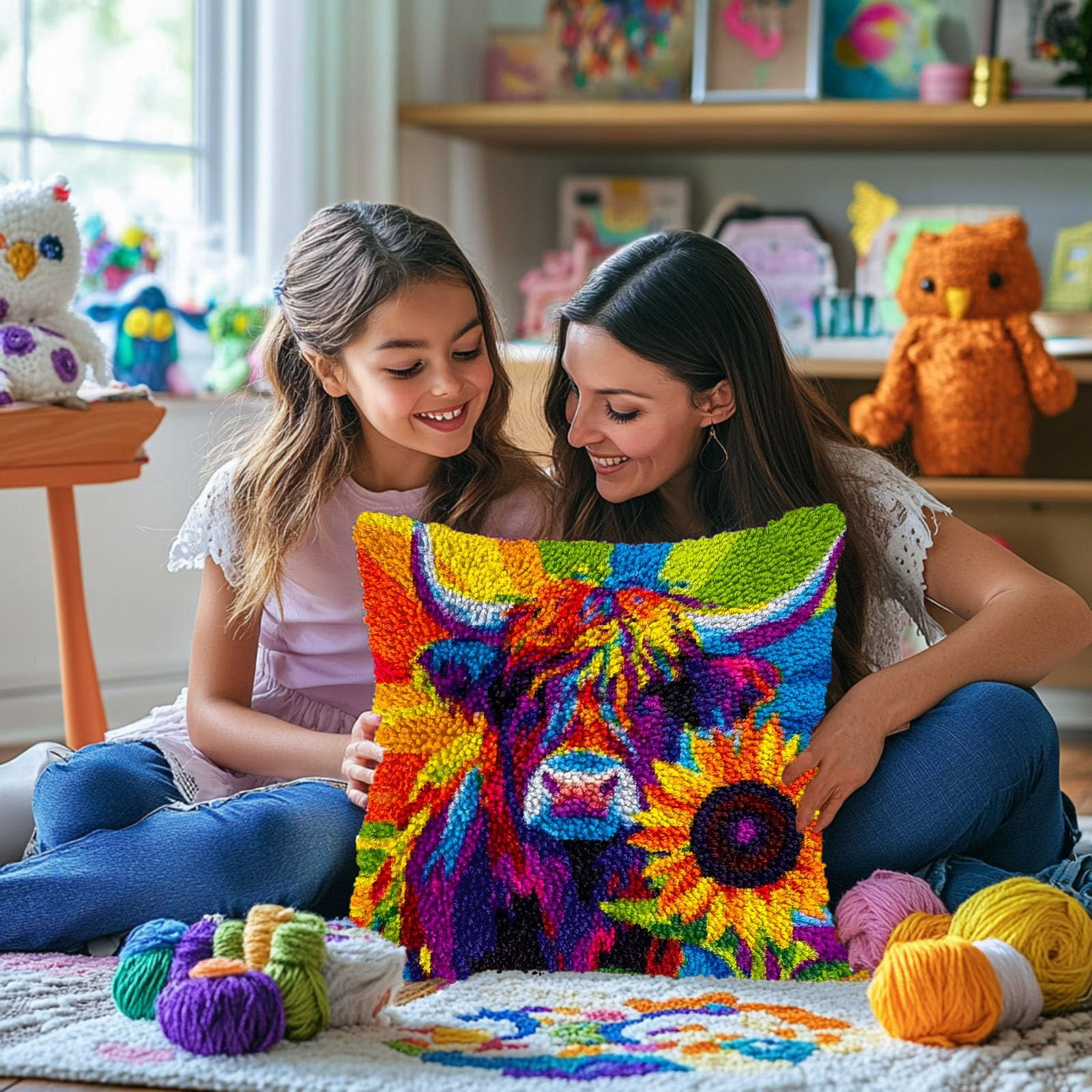 Rainbow Highland Cow and Sunflower DIY Latch Hook Pillow Kits for Adults Printed Pillowcase Crochet Yarns Hooking Handmade Pillow Cover Cushion for Home Sofa Decoration 17x17inch