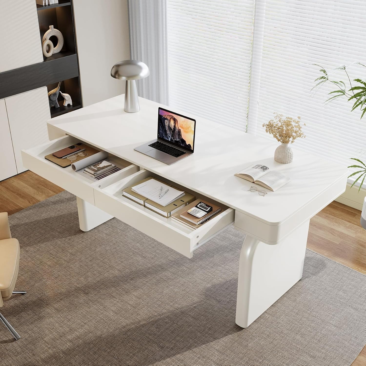 Finmind 63-Inch White Desk with Drawers, Modern Glossy Executive Office Desk, Elegant Writing Computer Table for Home Office or Study, Cream White