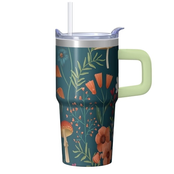 20oz Stainless Steel Cup with Handle, Charming Plant Prints, Double Wall Insulation Technology, Comes with a Sipping Straw