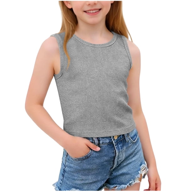 Camiseta de tirantes de cuello redondo para niños, primavera y verano, color liso, mangas abullonadas, manga corta, cuello redondo, camiseta para niños, camiseta de poliéster para niños.