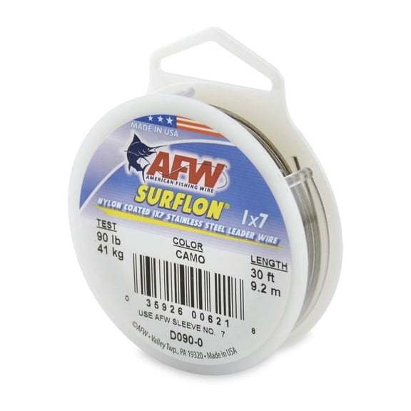 AFW Surflon, Nylon Coated 1x7 Stainless Steel Fishing Leader Wire, 90 lb / 41 kg Test, Camo