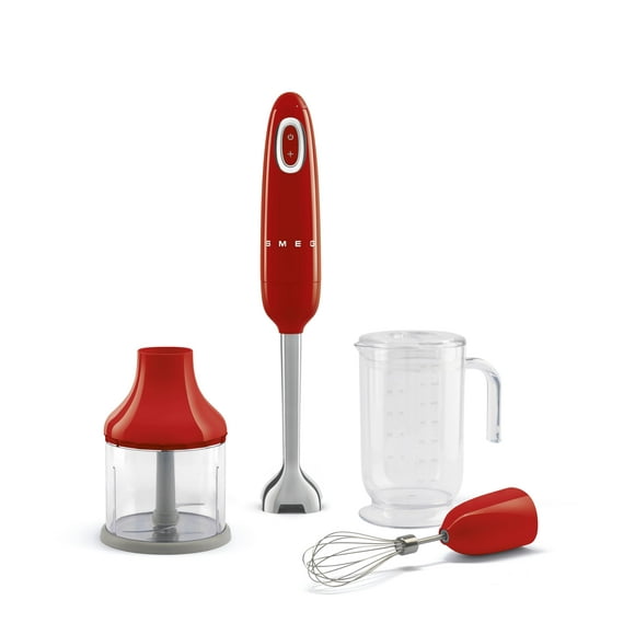 SMEG Batidora de inmersión de mano con vaso de precipitados, tazón para cortar con tapa, batidor de alambre, 5 controles de velocidad, hecha con cuchillas de acero inoxidable y diseño ergonómico (rojo