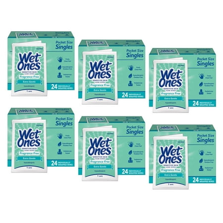6 Pack Wet Ones Sensitive Skin Hand Wipes Unscented Individually Wrapped 24 Each