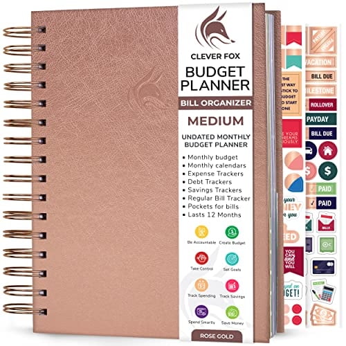 Planificador Clever Fox y organizador facturas mensuales con bolsillos. Cuaderno seguimiento gastos, diario presupuesto y libro planificación financiera. Mediano (5.1" x 8.2") – Oro rosa