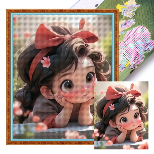 Hilo Algodón Bordado Punto Cruz Niña Con Lazo Rojo Impreso 11CT 40x50cm