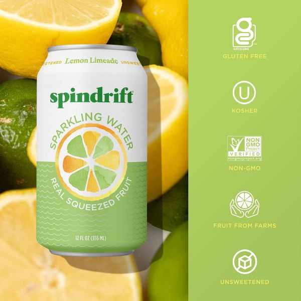 Spindrift Sparkling Water, Lemon Limeade, Made with Real Squeezed Fruit, 12 fl oz, 8 Count, No Sugar Added, 4 Calories per Can