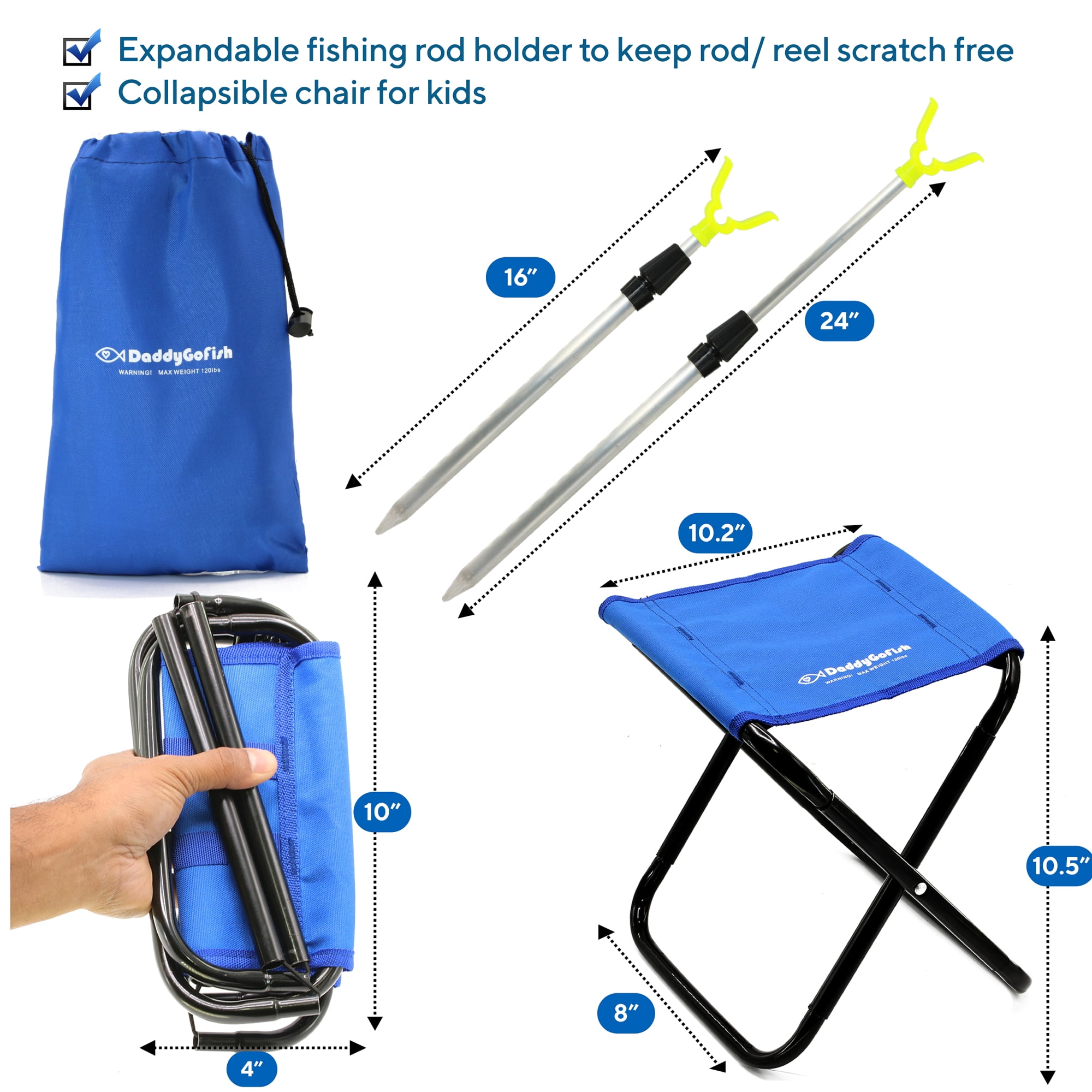DaddyGoFish Kids Fishing Pole – Telescopic Rod & Reel Combo with Collapsible Chair, Rod Holder, Tackle Box, Bait Net and Carry Bag for Boys and Girls