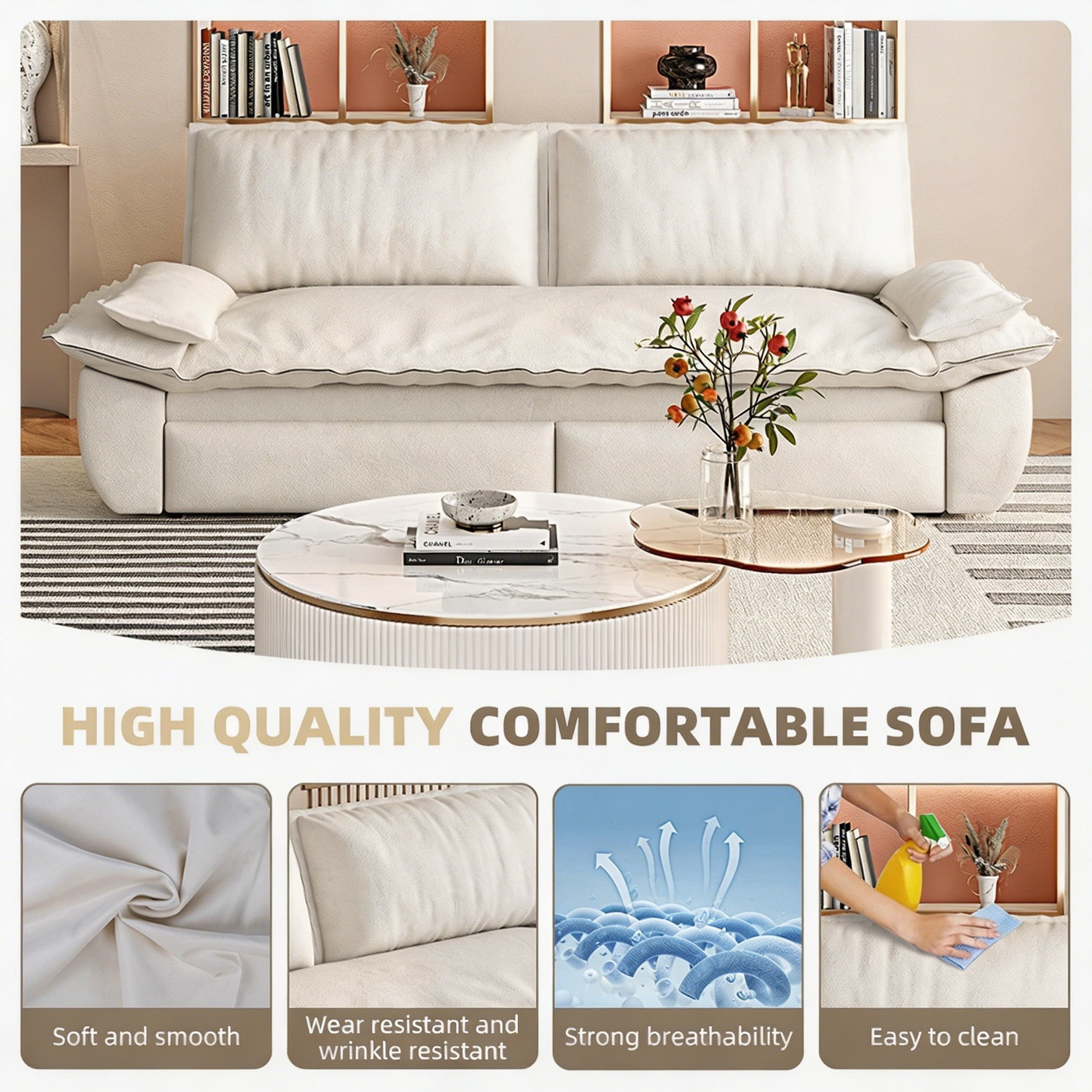 Multi-Functional Velvet 3-in-1 Convertible Sofa Bed, Queen Size Sleeper Loveseat with 2 Pillows, Beige