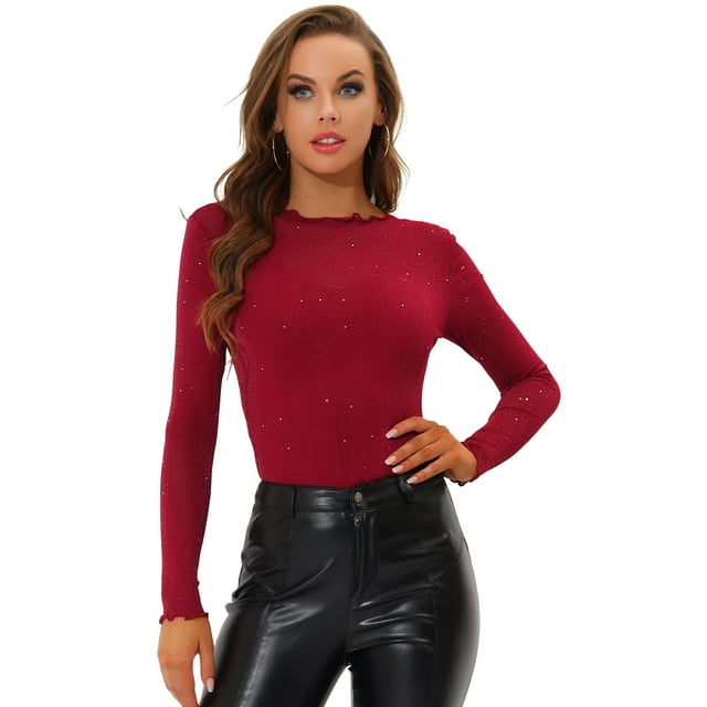 INSPIRE CHIC Blouse en Maille Pailletée Transparente pour Femmes avec Bretelles Spaghetti Bourgogne m
