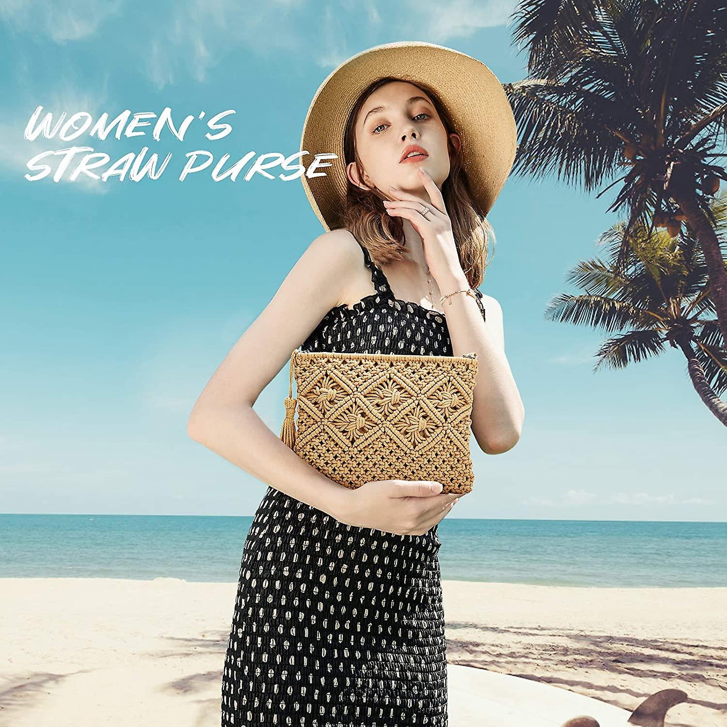 Straw Clutch Purse Women Wristlet Clutch Handbag Envelope Bag Large Wallet Summer Beach Bag Walmart