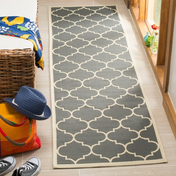 SAFAVIEH Courtyard Alyssa Geometric Indoor/Outdoor Runner Rug, Anthracite/Beige, 2'3" x 16'