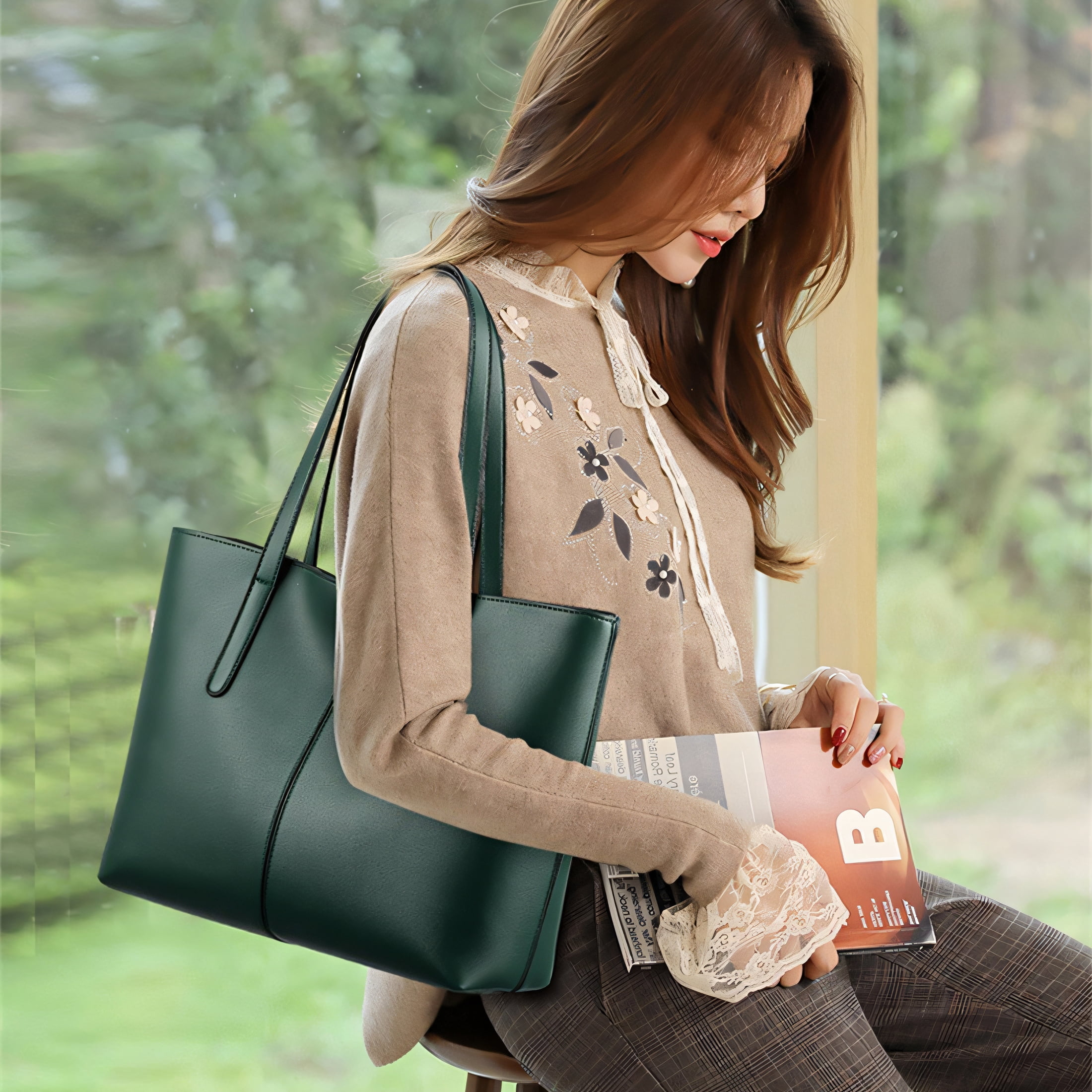 GASTROPOD Tote Bag for Women,Comfortable Reinforced Handle Leather Tote Bag for Women,Multi-Pocket Structure Womens Work Bag,Green