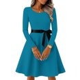 thumbnail image 2 of Women's Midi Dress Long Sleeve Crew Neck Solid Color Vintage Casual Belted Waist Dress for Spring Fall Everyday Wear,Sky Blue,M, 2 of 6