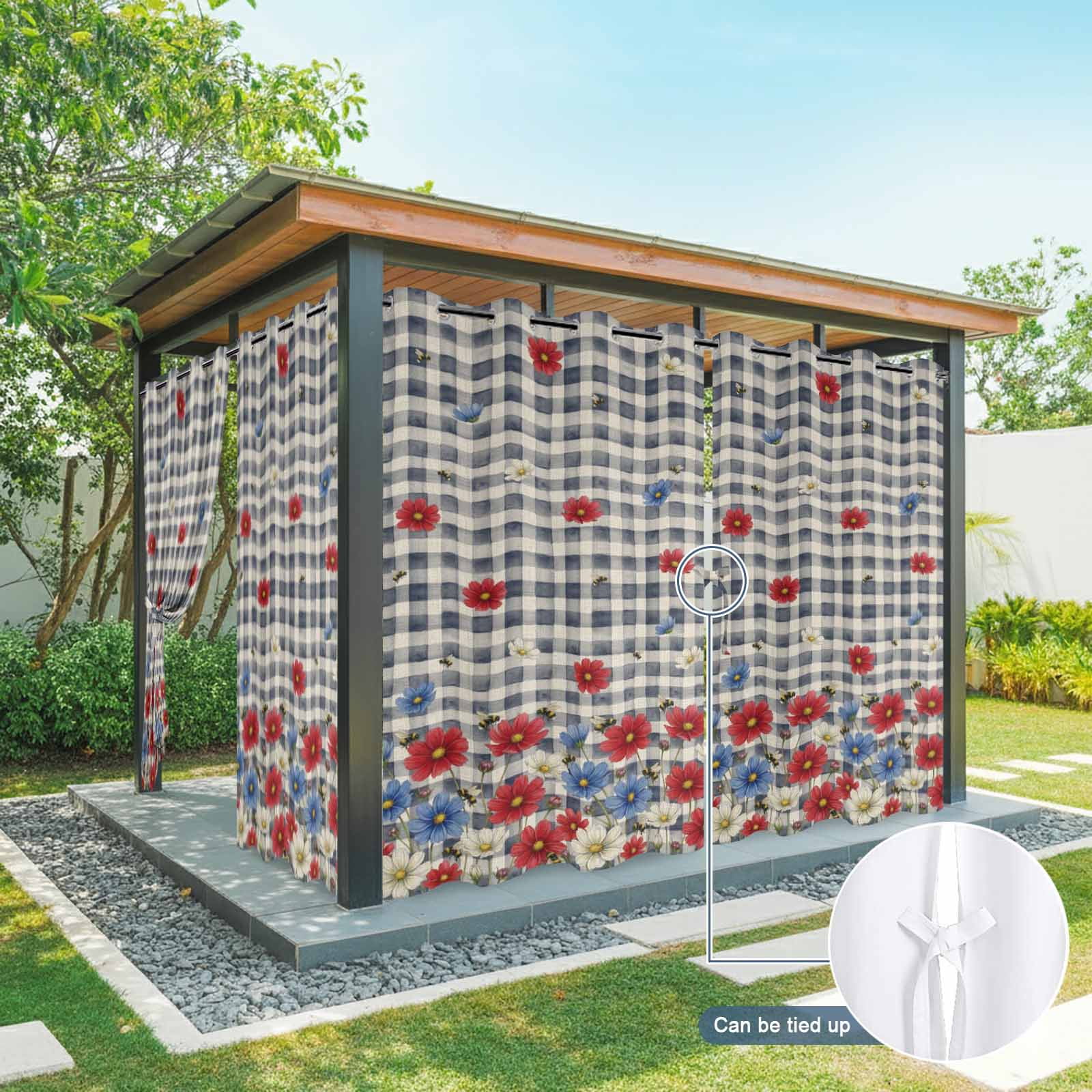 Independence Day Outdoor Curtains for Patio, Watercolor Red Blue White Daisy Farm Bee Black Plaid Sunshade Privacy Drapes Grommet Waterproof Outside Curtains for Porch Balcony 54"x108", 1 Panel