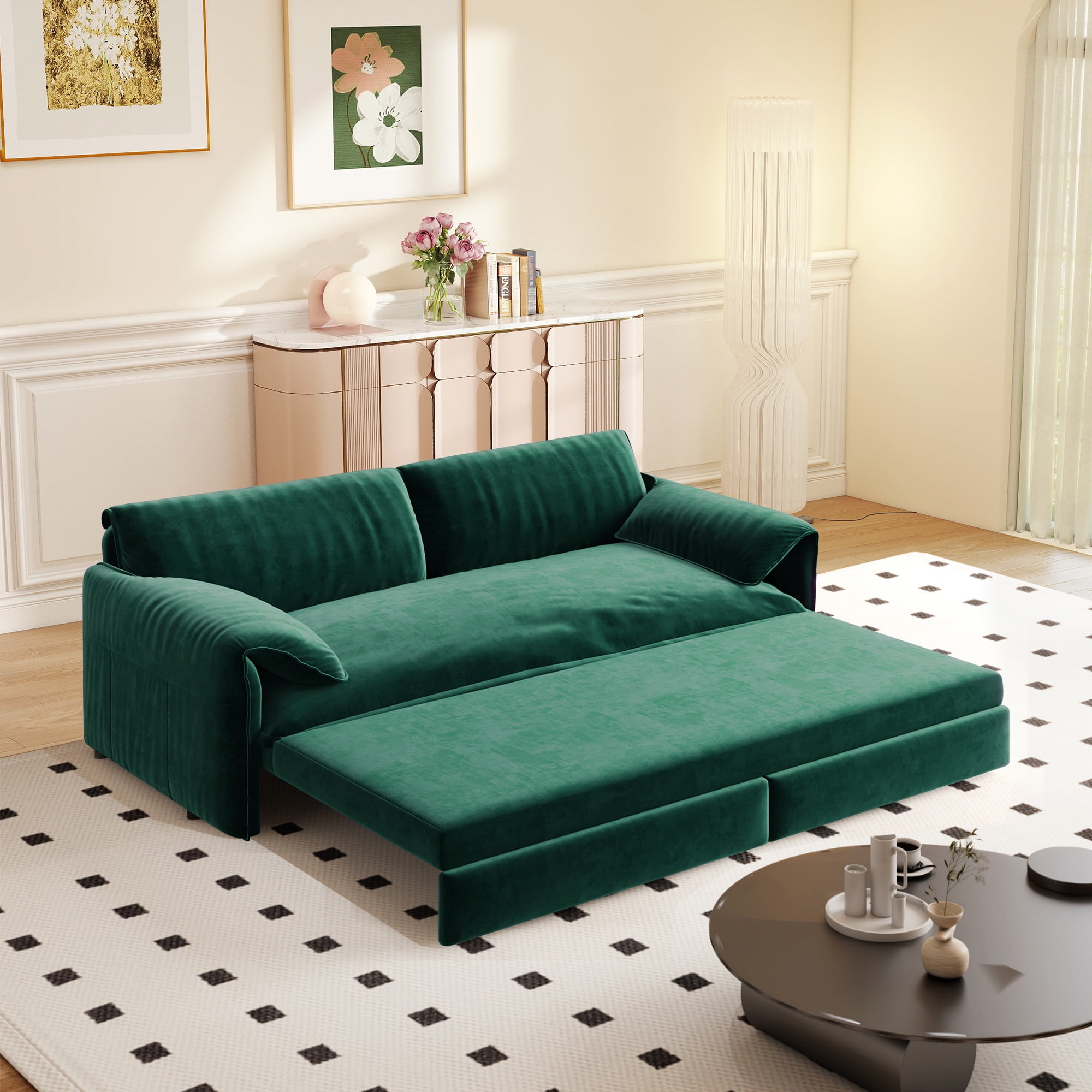 Timbernest 66" Futon Sofa Bed, 3 in 1 Convertible Sleeper Sofa Queen Size with Side Storage, Velvet Pull Out Sofa Bed, Green