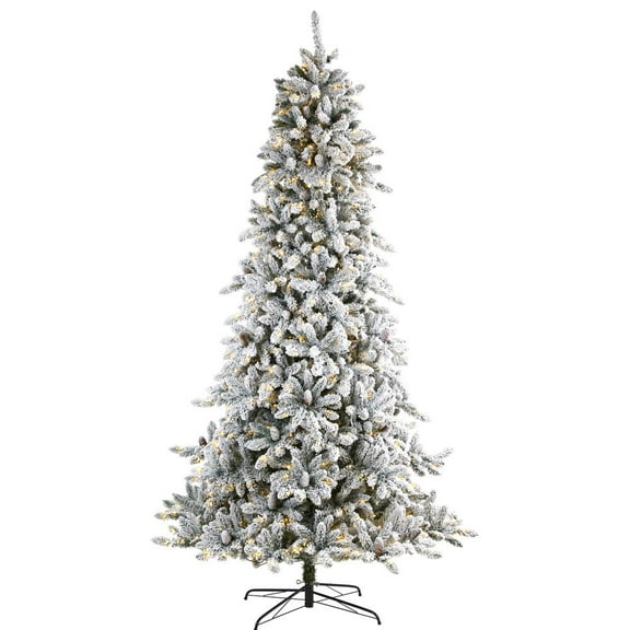 Nearly Natural 9ft. Flocked Livingston Fir Artificial Christmas Tree with Pine Cones and 650 Clear Warm LED Lights