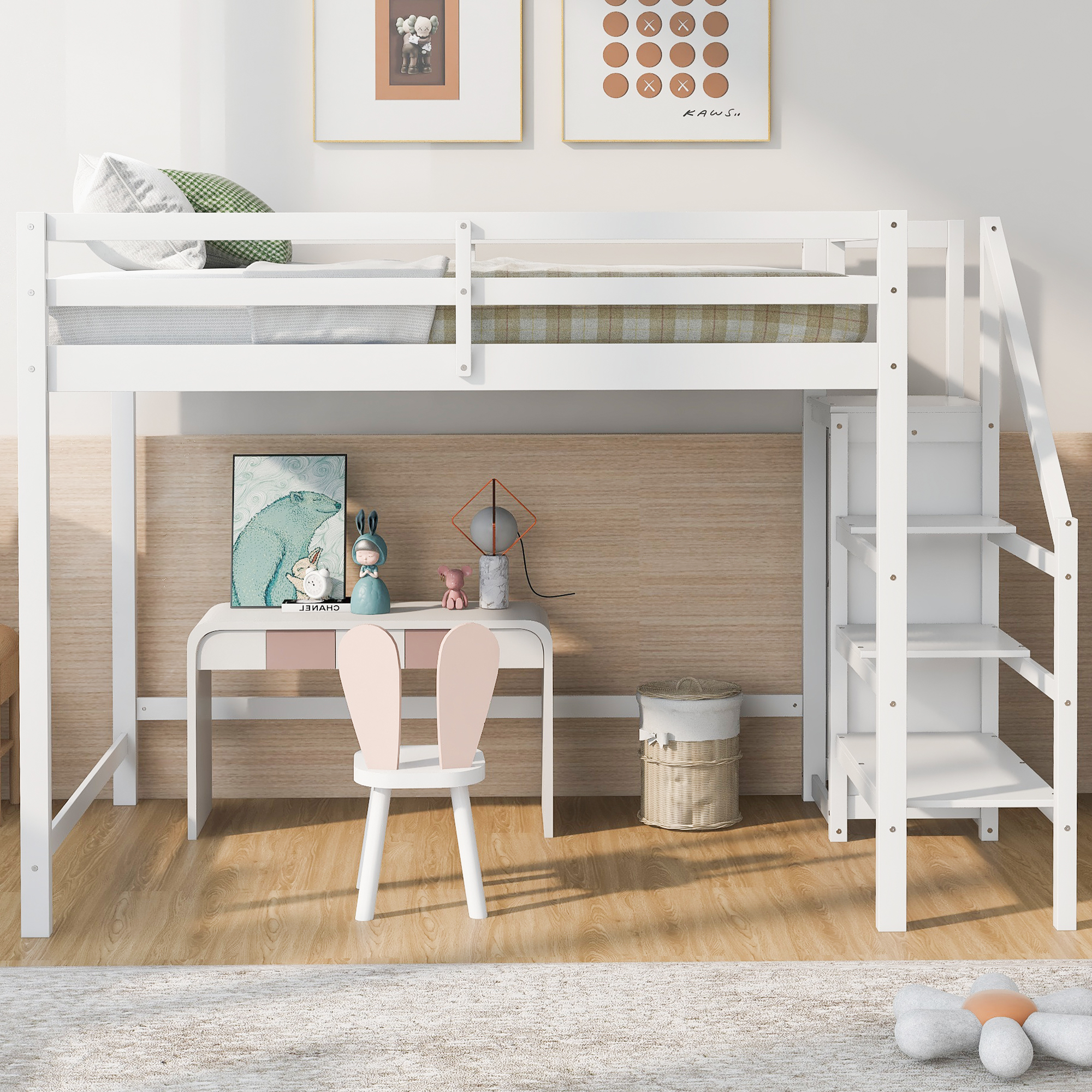 Aukfa Full Loft Bed with Built-in Storage Wardrobe, Solid Wood Bed Frame with Staircase for Kids Adults - White