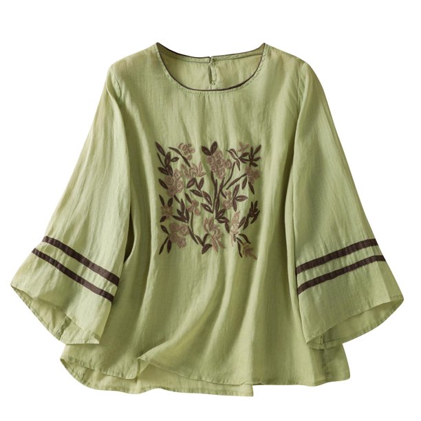Vestidos Casuales Para Mujer, Blusas De Mujer De Moda Blusa de mujer con cuello redondo, botones y mangas 3/4 bordadas en lino sintético