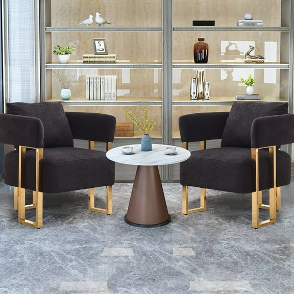Classic And Modern Blended Chair - Gold Legs, Black Fleece Upholstery For Living Room, Dressing Area, Office, Reception Room 2pcs Exquisite Sitting Lying Metal