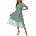 thumbnail image 5 of Aiyino Women Summer Bohemian Floral Casual Wrap V Neck Ruffle Cap Sleeveless Belt A-Line Pleated Hem Swing Midi Sun Dress，Light Green, 5 of 9